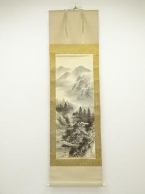 泰敬筆　水墨山水　肉筆絹本掛軸（中島清堂識箱）